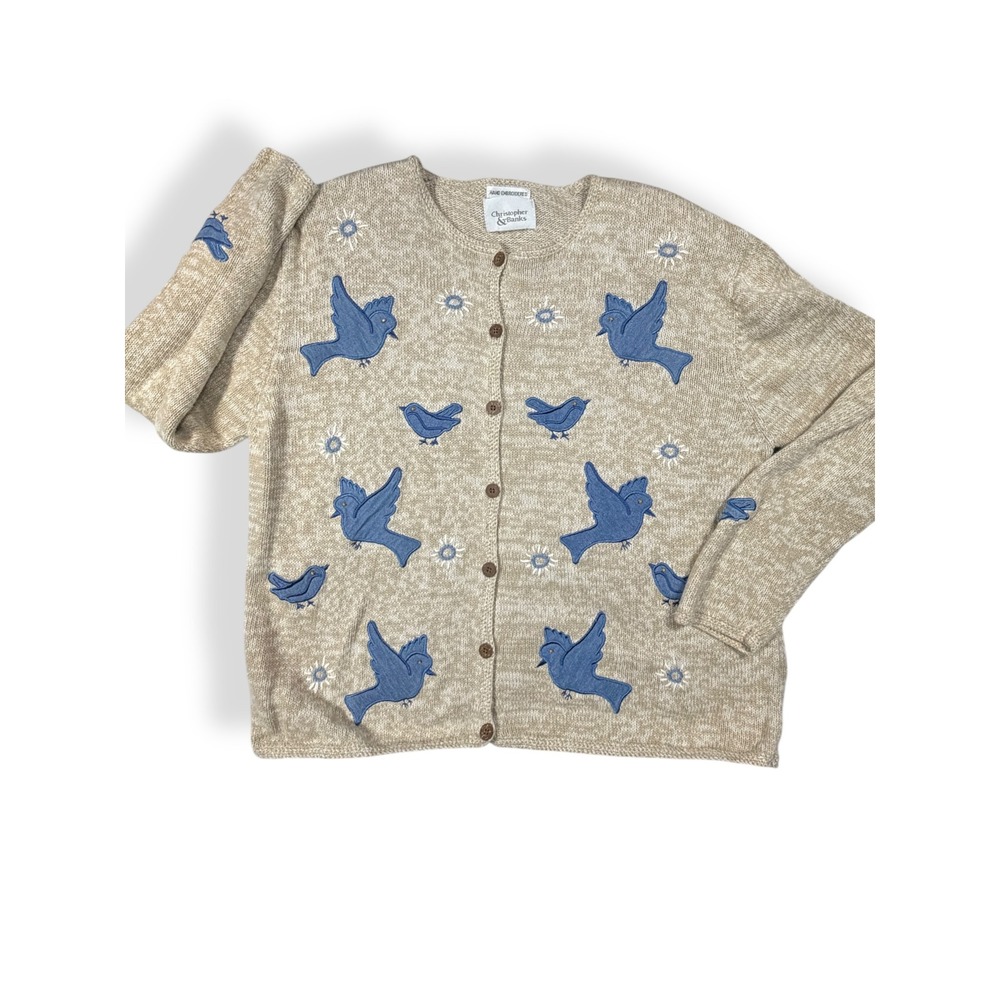 Y2K Christopher & Banks Vtg 2001‎ Blue Bird Embroidered Cardigan Sweater Large